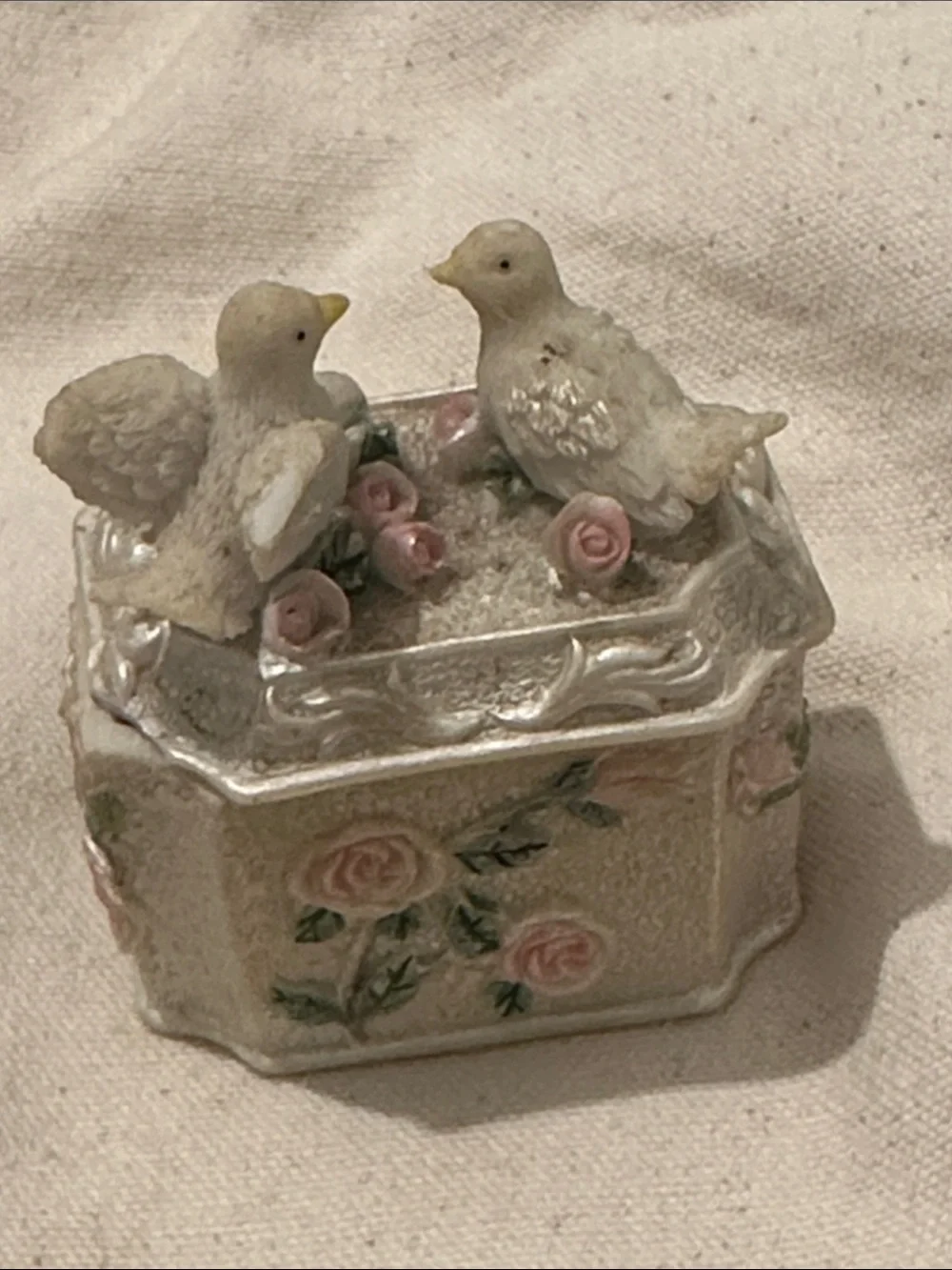 Decorative Bird Trinket Box - Pearl White with Pink Roses